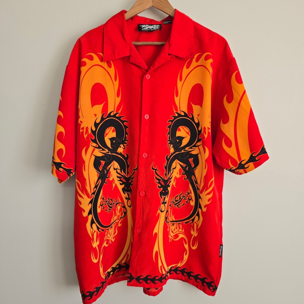 Dragonfly‎ Dragon Flame Shirt Mens XL Red Graphic Button Up Y2K Grunge Skater